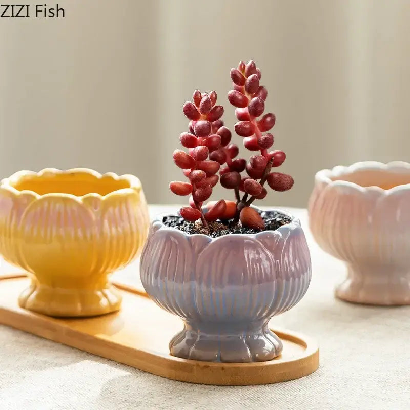 Delicate lavender lotus flower ceramic planter with subtle ridges and glossy finish for decorbites lotus flower decor