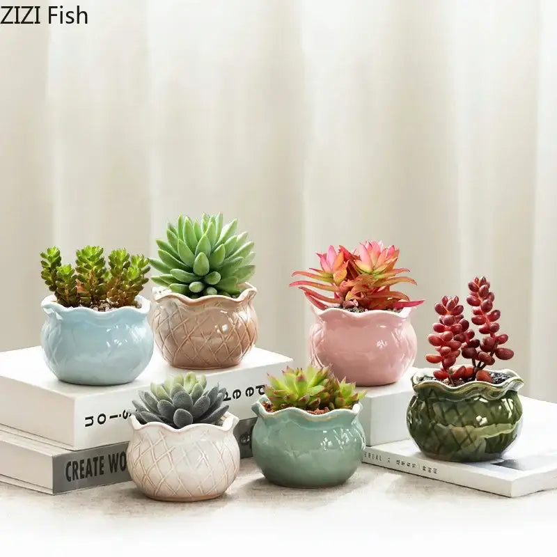 Pastel gradient lotus flower ceramic succulent pots with scalloped rims and textured pineapple patterns for decorbites lotus flower decor