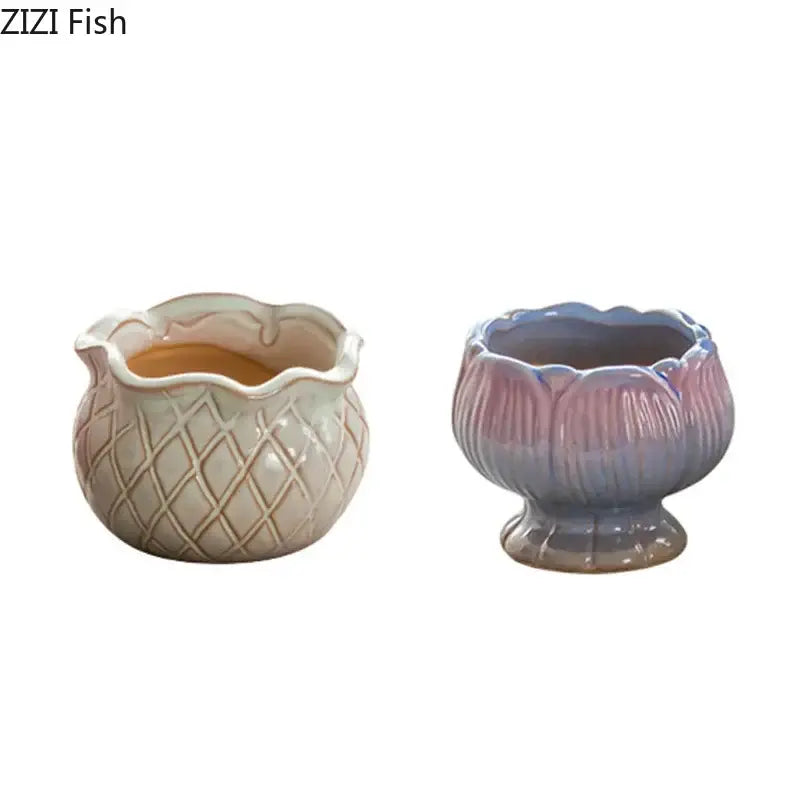 Two ceramic succulent pots with cream diamond pattern and pastel gradient lotus flower ceramic design for decorbites decor