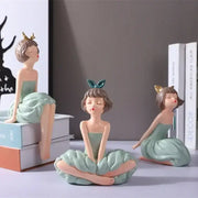 Pastel green resin bowknot fairy girl figurine with teal bunny ears and ruffled dress for bedroom decor
