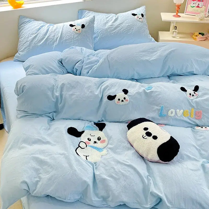 Pastel green quilted comforter bedding set with light blue plush decorbites cartoon embroidery pandas in white black and pink