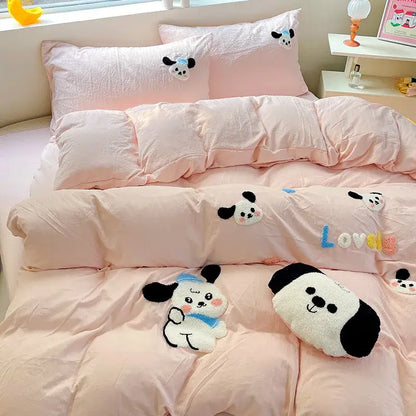Pink plush panda-themed bedding set with decorbites cartoon embroidery in black white and blue for cozy bedroom use