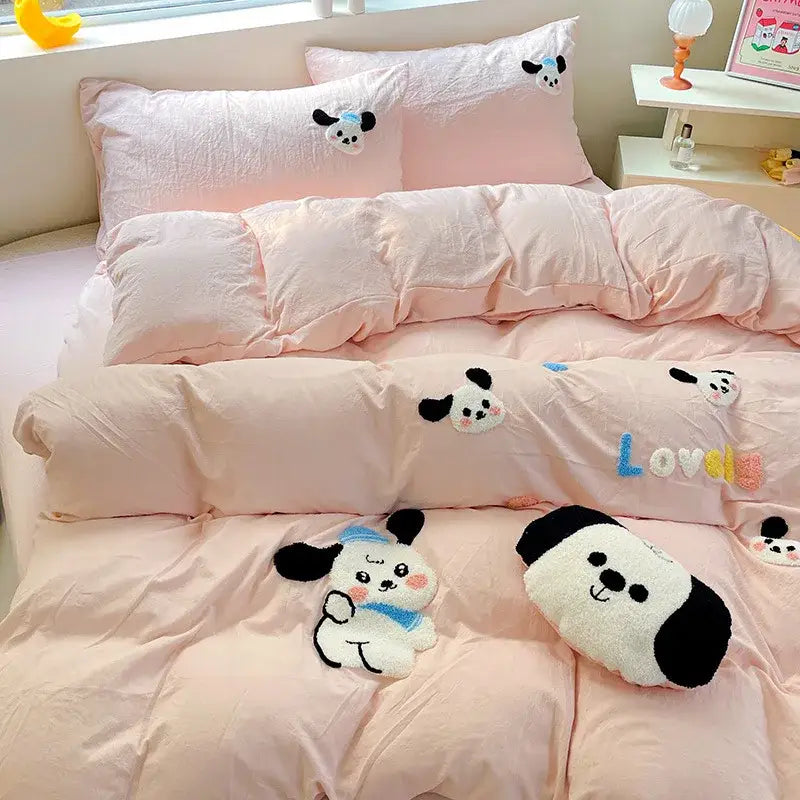 Pink plush panda-themed bedding set with decorbites cartoon embroidery in black white and blue for cozy bedroom use