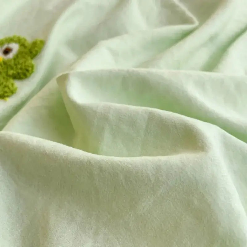 Pastel green quilted comforter bedding set with soft mint-green fabric and decorbites cartoon embroidery frog design