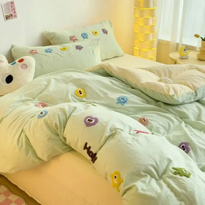 Pastel green embroidered cartoon character comforter set featuring decorbites cartoon towel embroidery for bedroom decorbites bedroom decor