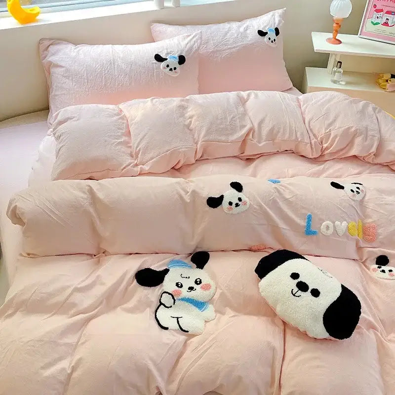Pink plush dog-themed bedding set with black white and blue embroidered cartoon pandas for decorbites cartoon towel embroidery