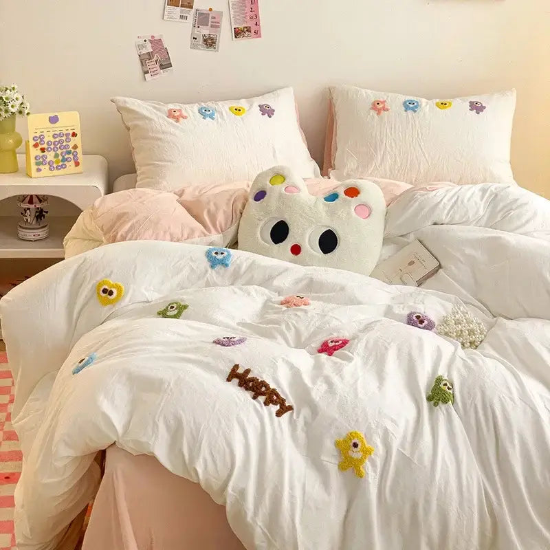 White quilted duvet cover with colorful cartoon towel embroidery and happy design in pastel green cartoon towel bedding set decorbites cartoon towel embroidery
