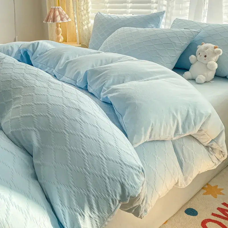 Light blue quilted duvet set with soft textured diamond pattern in pastel green decorbites fresh bubble yarn bedding set