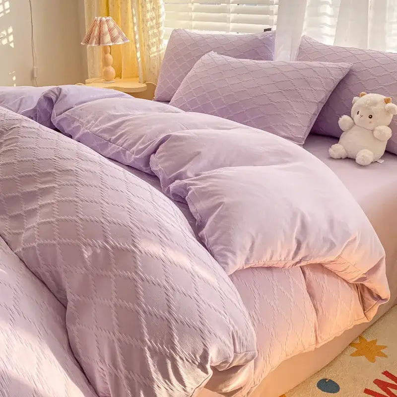 Lavender quilted comforter bedding set with plush texture and diamond stitching from decorbites fresh bubble yarn collection