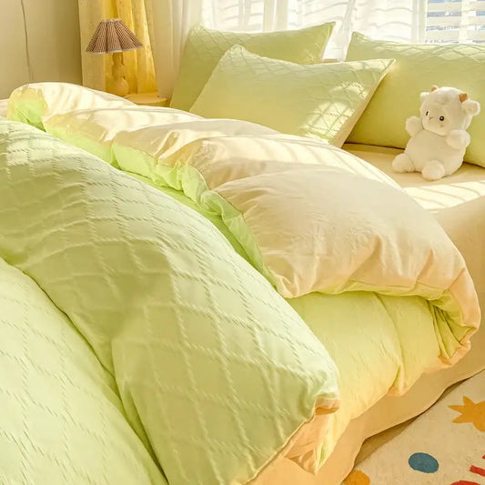 Pastel green quilted duvet cover set with fresh bubble yarn fabric and subtle diamond stitching from decorbites fresh bubble bedding set