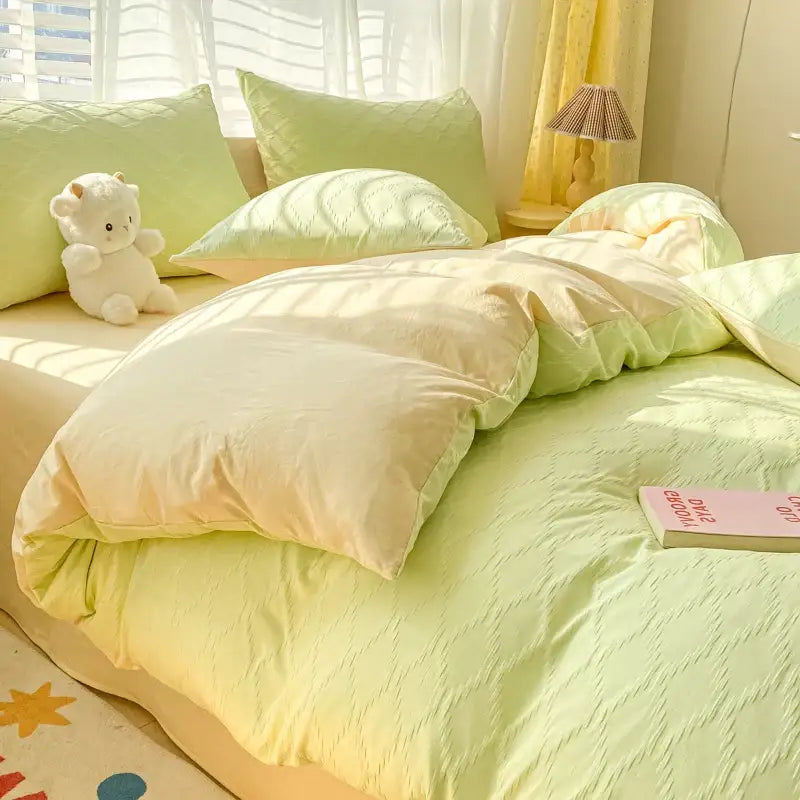 Pastel green quilted duvet cover and matching pillows from decorbites fresh bubble yarn bedding set with soft texture