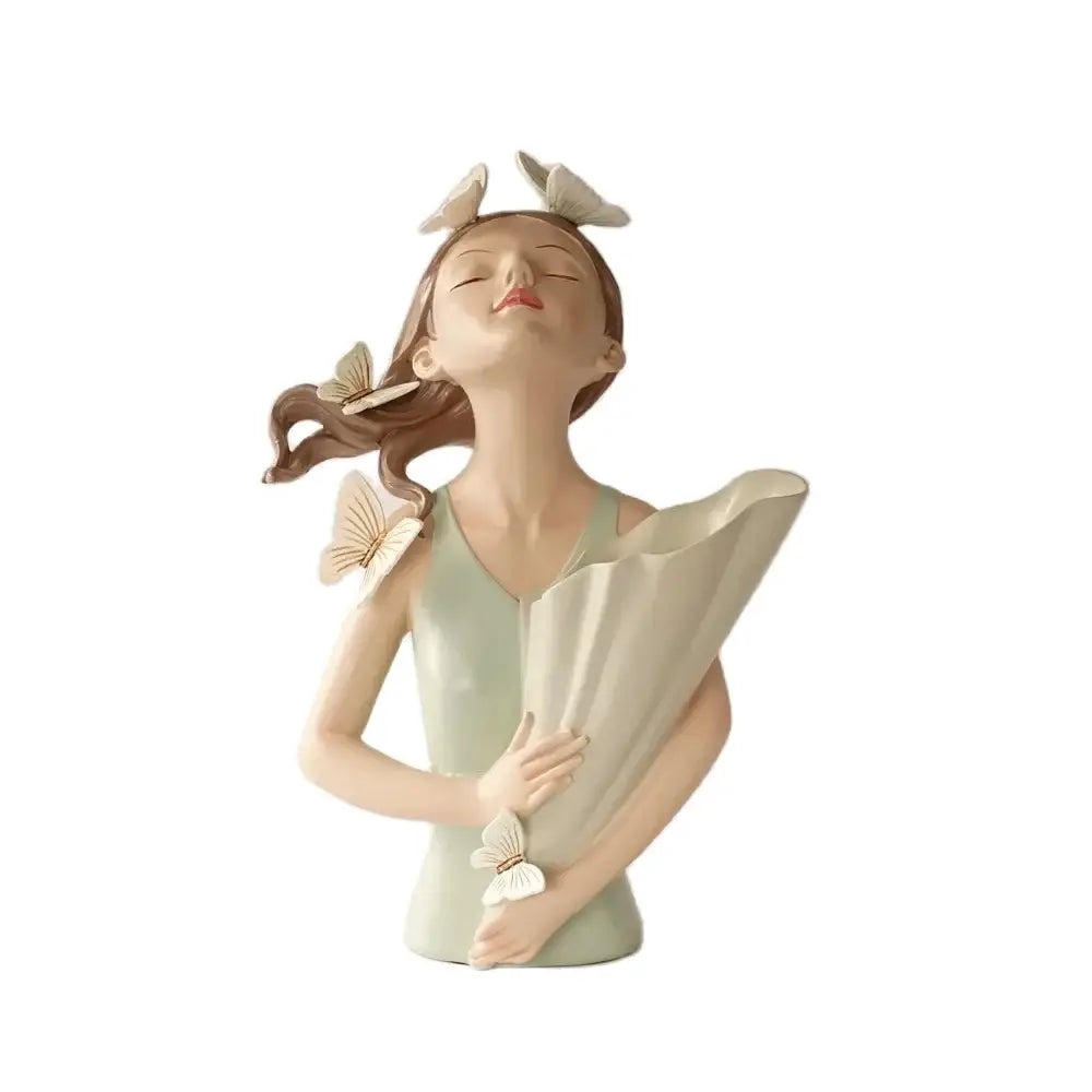 Serene light green resin butterfly girl vase statue with closed eyes and butterflies for living room decor