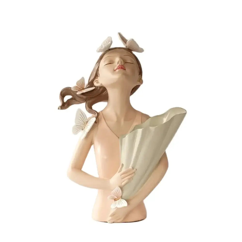 Beige resin butterfly girl vase statue with pink butterflies holding a leaf fan for living room decor
