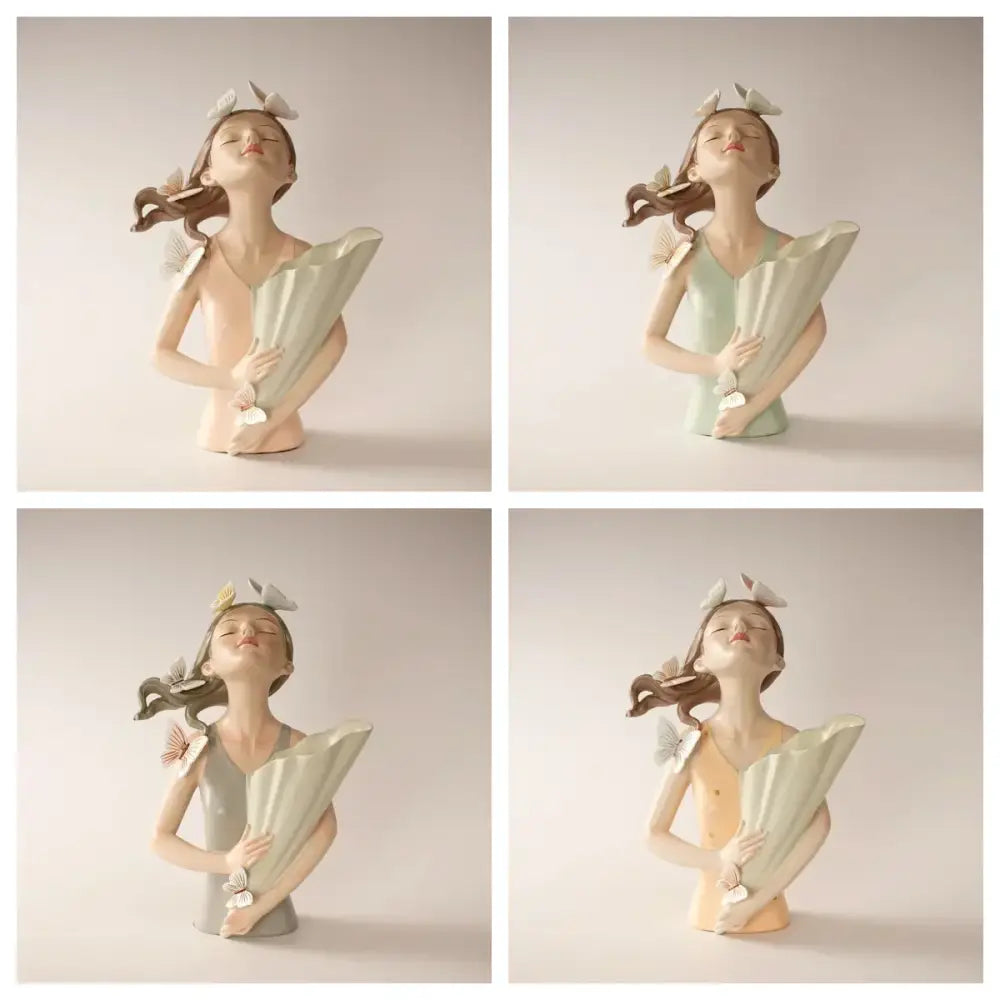 Porcelain butterfly girl vase statue in pastel green and peach featuring a pink butterfly girl holding an open fan