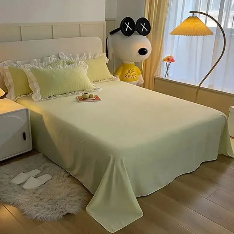 Soft mint green lace bubble cotton bedding set with ruffled edges and smooth silky texture for bedroom duvet use