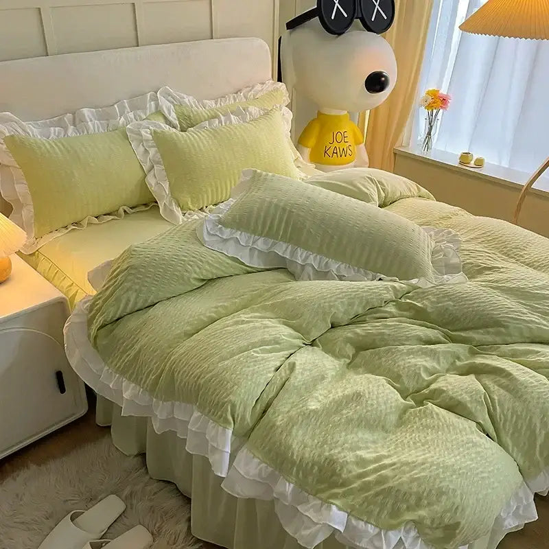 Pastel green and white lace bubble cotton bedding set with quilted texture and delicate ruffled trim for bedroom duvet