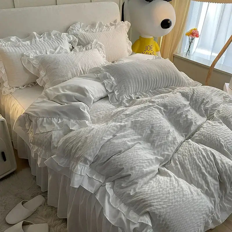White ruffled bedding set with textured fabric and layered frills made from lace bubble cotton for bedroom use