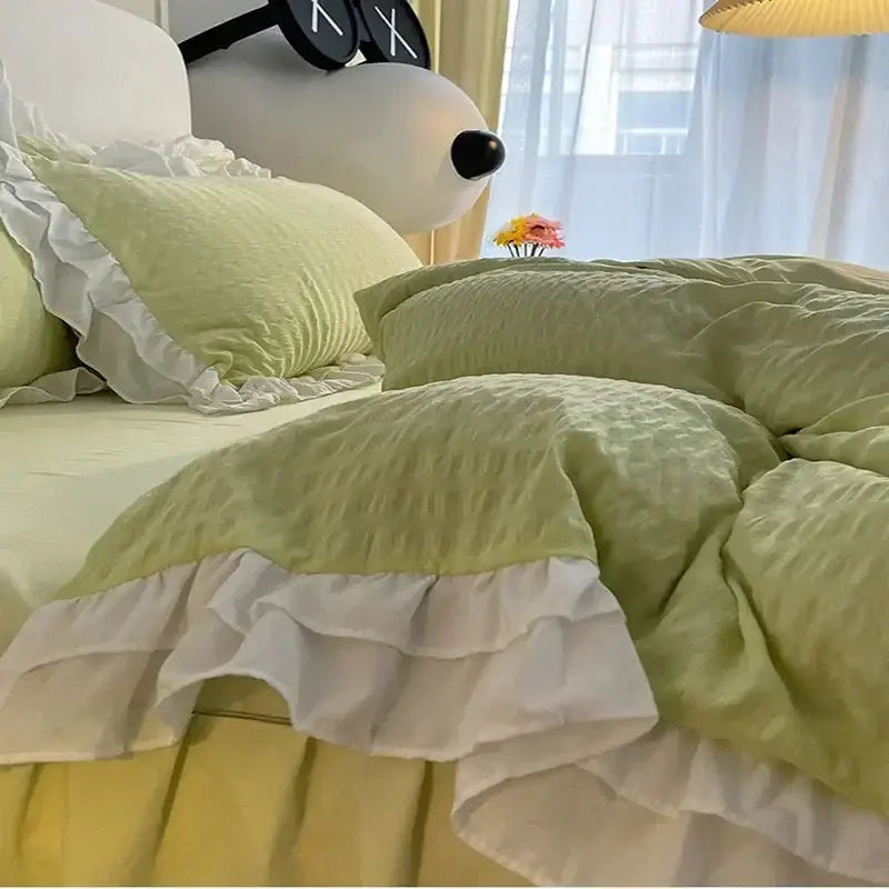 Pastel green quilted duvet set with white ruffled trim made from lace bubble cotton bedding set for bedroom use