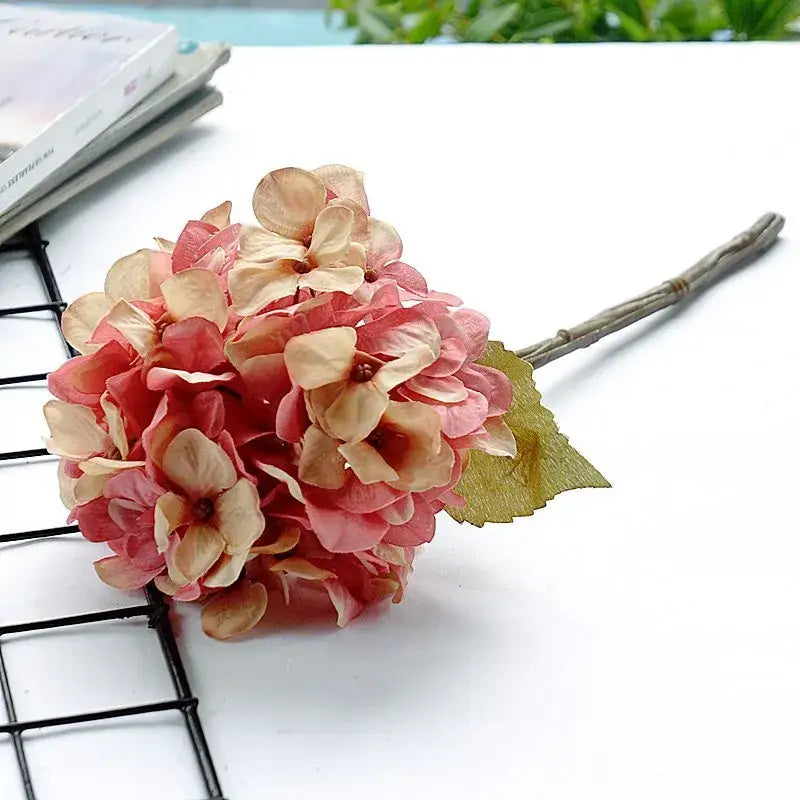 Pastel hydrangea branch silk flower bouquet in pink and cream with natural stem for dining room decorbites hydrangea branch use