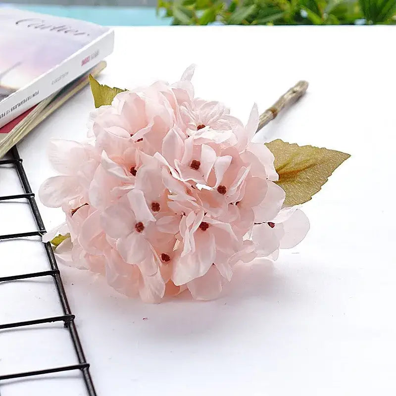 Pastel pink decorbites hydrangea branch silk flower bouquet with soft petals and green leaves for dining room decor