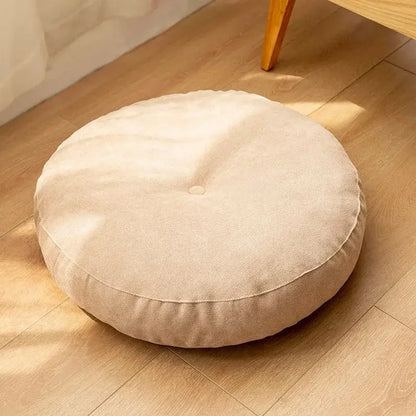 Beige pastel linen round floor cushion with plush texture and subtle stitching for living room decorbites linen round use