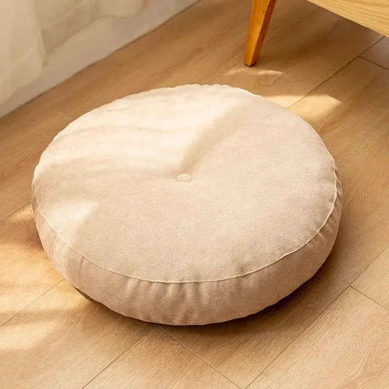 Beige pastel linen round floor cushion with plush texture and subtle stitching for living room decorbites linen round use