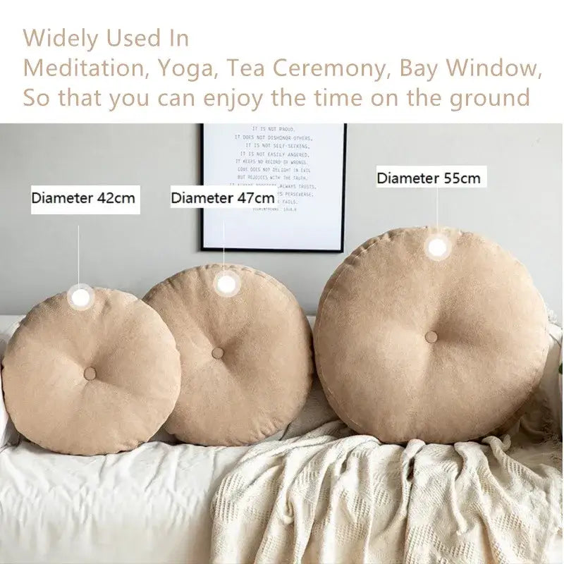 Beige decorbites linen round floor cushions with tufted centers in three sizes for living room and meditation use