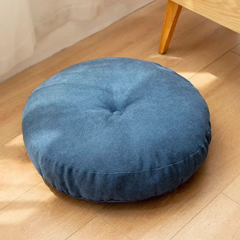 Blue denim round floor cushion made of linen round floor material ideal for living room meditation decorbites linen round