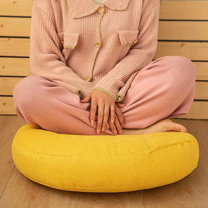 Bright yellow decorbites linen round floor cushion with textured fabric ideal for meditation and living room decor
