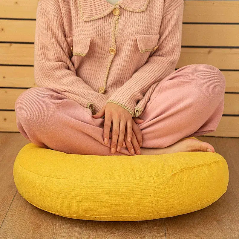 Bright yellow decorbites linen round floor cushion with textured fabric ideal for meditation and living room decor
