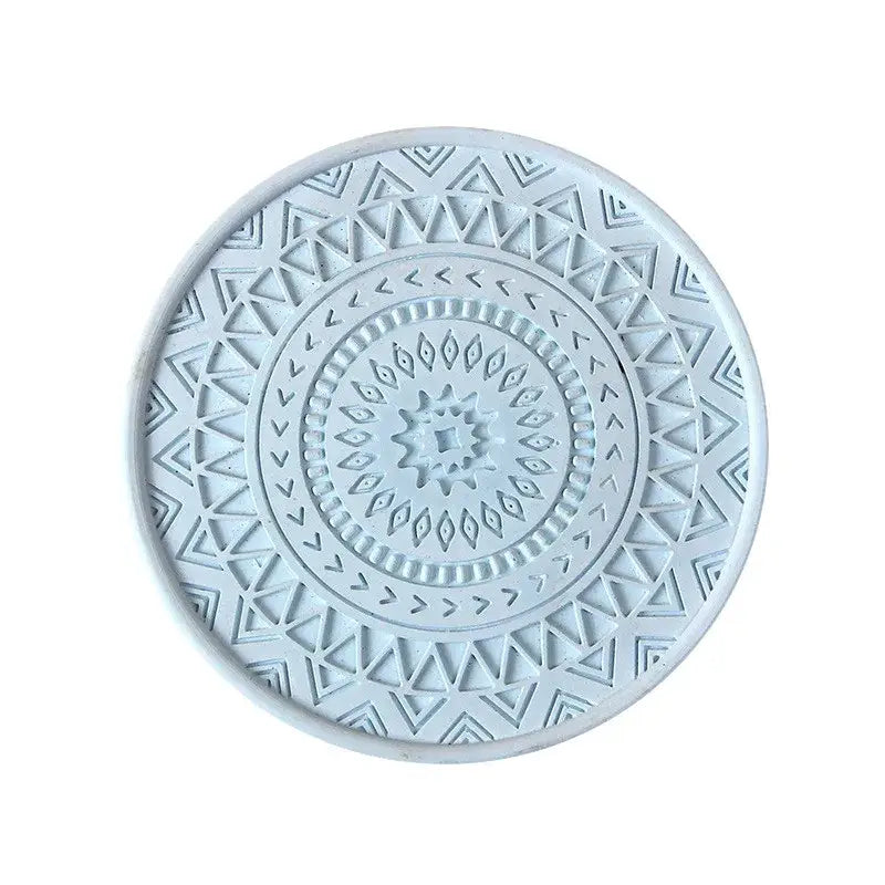Pastel mandala decorbites diatomite round coaster in light blue ceramic with embossed geometric patterns for dining room use