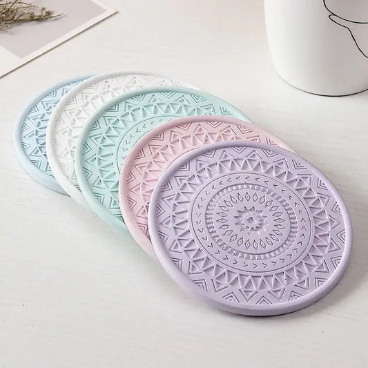 Pastel mandala diatomite round coasters with intricate geometric patterns for dining room use by decorbites diatomite round