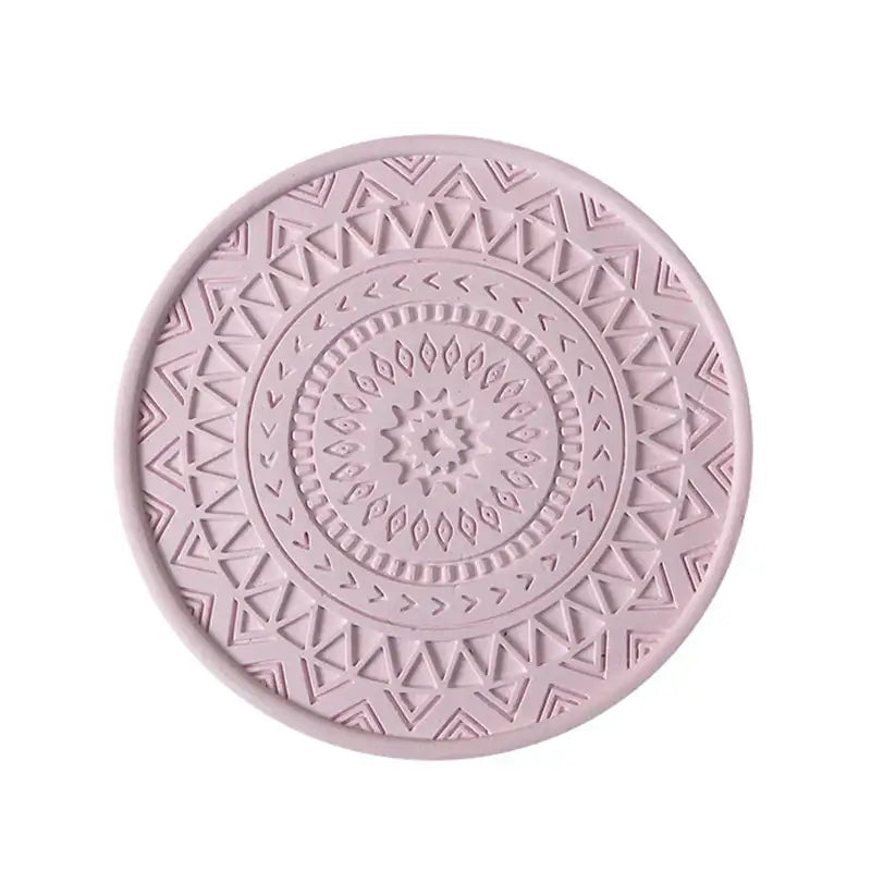 Delicate pink pastel mandala diatomite round coaster with intricate geometric design by decorbites diatomite round coasters