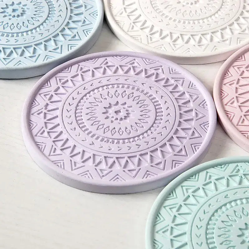 Pastel lavender decorbites diatomite round coaster with embossed mandala geometric patterns for dining room use