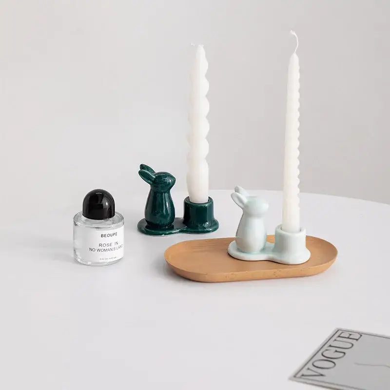 White ceramic bunny rabbit ceramic candle holder with smooth glossy finish for dining room decor