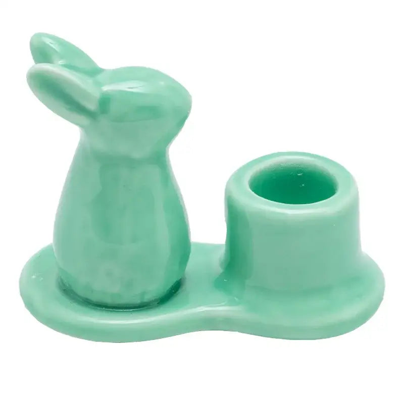 Pastel mint green bunny rabbit ceramic candle holder with integrated cup for dining room decor