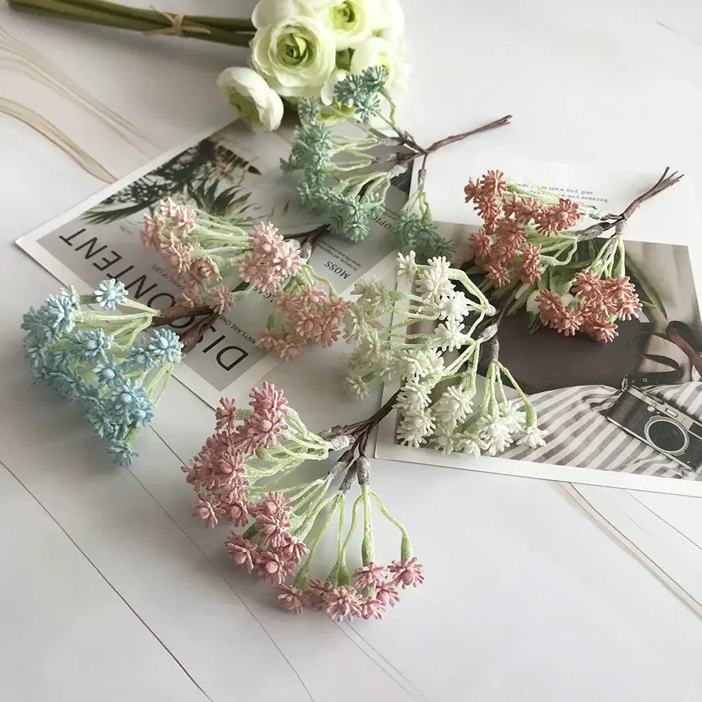 Pastel multi color decorative vase set with artificial fabric flower sprigs in soft pink blue and white for living room decorbites decor