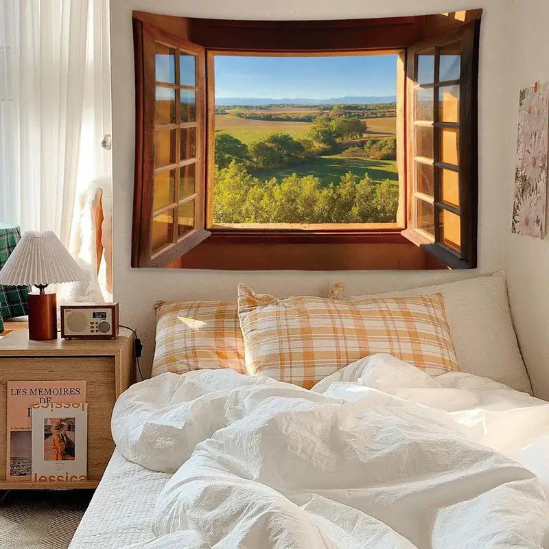 A rustic wooden window frame tapestry with sunlit green fields and trees for decorbites dreamy window wall art decor