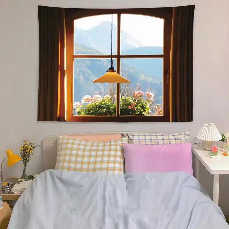 Pastel ocean sunset dreamy window scenery tapestry with dark brown curtains and mountain view for decorbites dreamy window decor