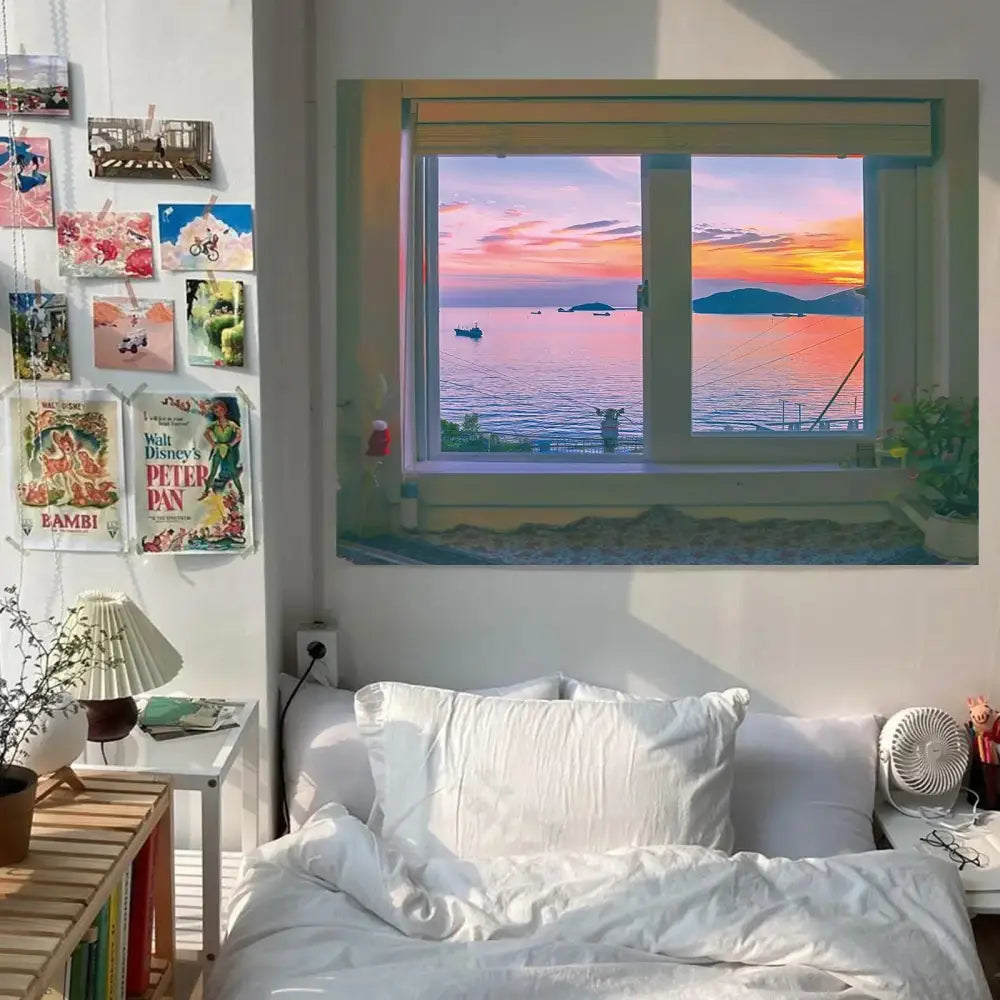 A framed window scenery tapestry featuring a pastel ocean sunset with dreamy window decorbites design for bedroom wall art