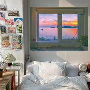 A framed window scenery tapestry featuring a pastel ocean sunset with dreamy window decorbites design for bedroom wall art