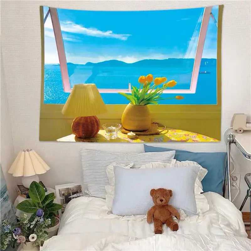 Vibrant blue window scenery tapestry with yellow tulips and woven lamp on patterned tablecloth ideal for decorbites dreamy window decor