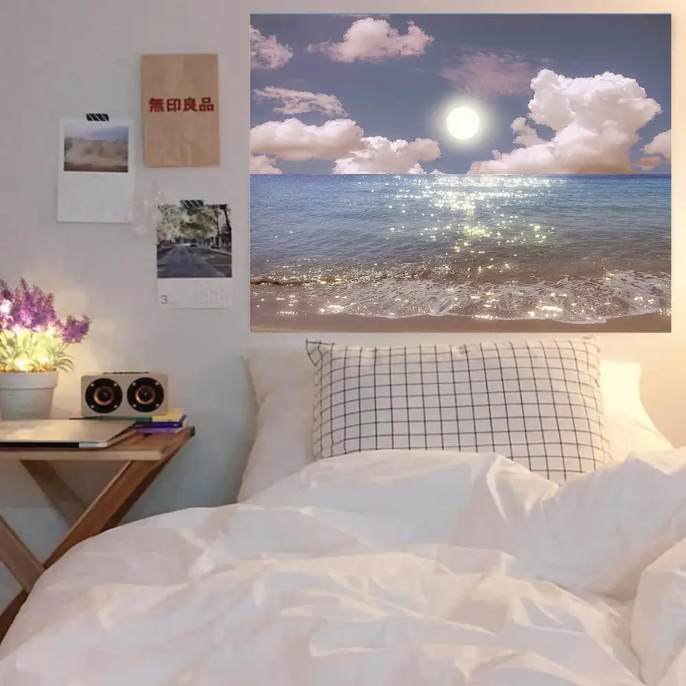 Beige rectangular window scenery tapestry featuring a serene beach scene with sun clouds and sparkling blue water for decorbites dreamy window decor