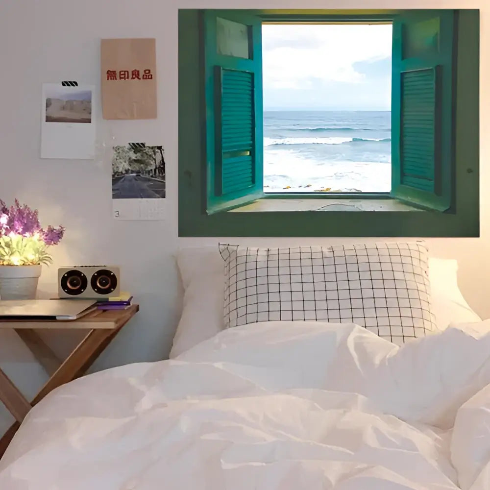 Pastel ocean sunset dreamy window scenery tapestry featuring a teal green wooden shutter with horizontal slats for decorbites dreamy window decor