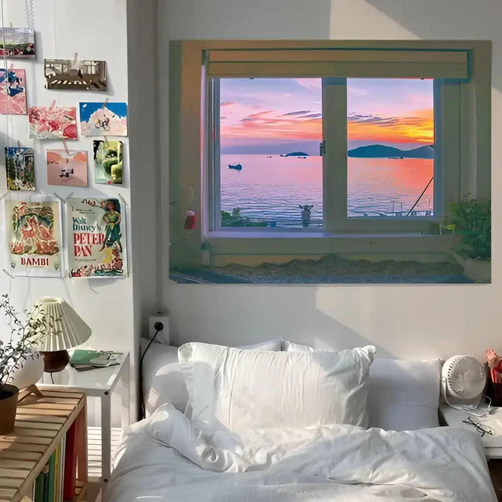 A framed window decal featuring pastel ocean sunset dreamy window scenery with soft hues and distant islands decorbites decor