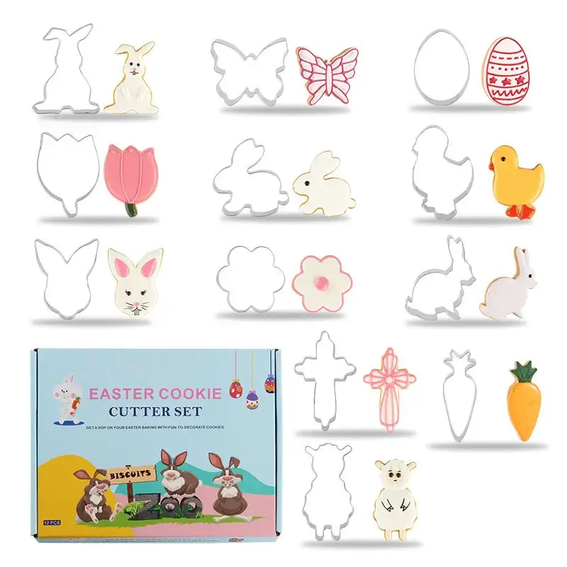 Pastel painted stainless steel easter cookie cutter set featuring metallic and pastel shapes for kitchen baking