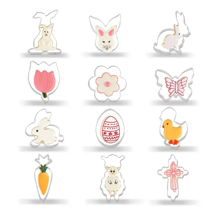 Set of twelve pastel painted stainless steel easter cookie cutters with bunny and egg designs for baking use