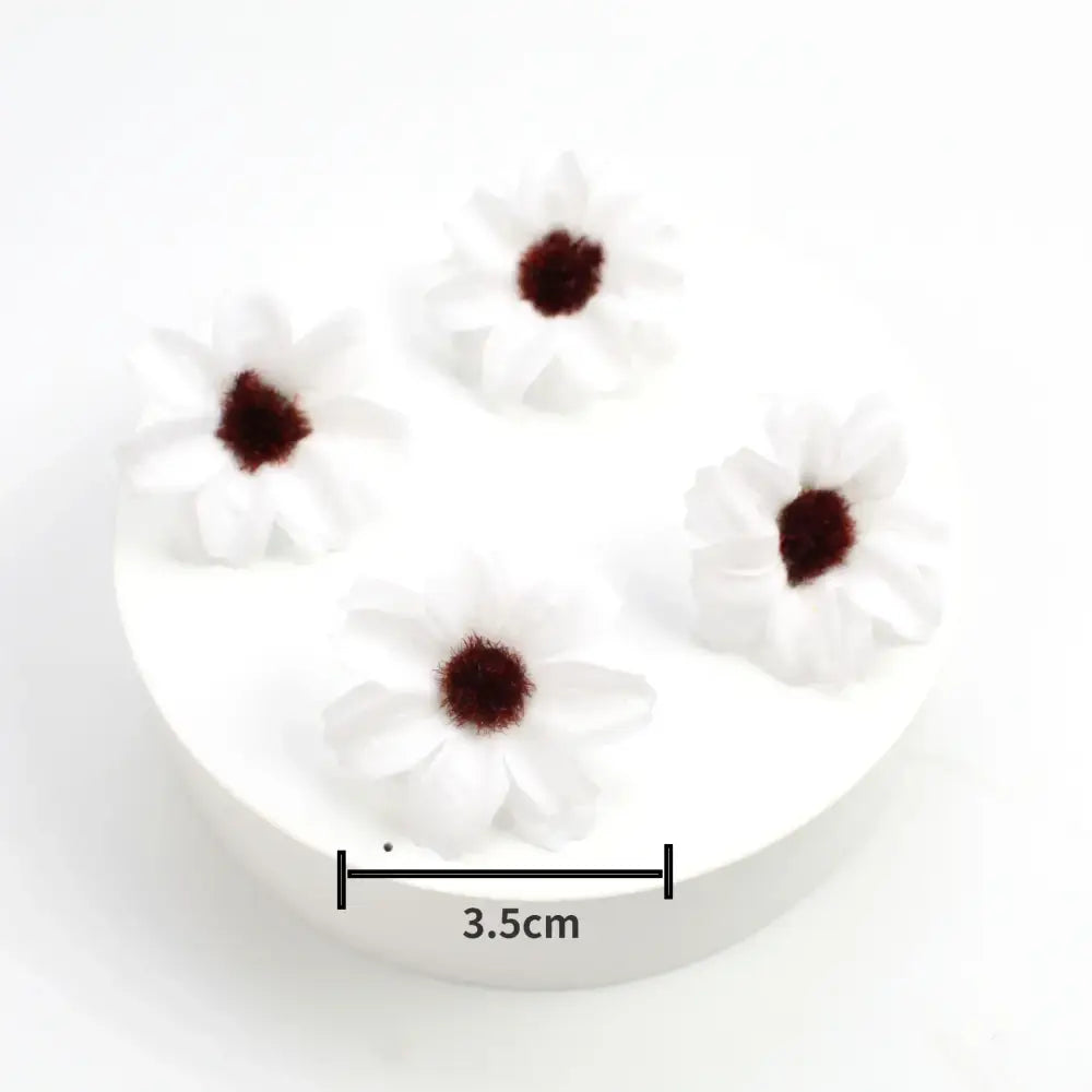 White daisy-shaped decorbites mini daisy artificial flowers with dark brown centers made of soft fluffy material for wedding decor