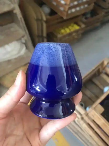 Deep cobalt blue ceramic matcha whisk stand with crackled glaze and fluted rounded base for tea bowl holder set