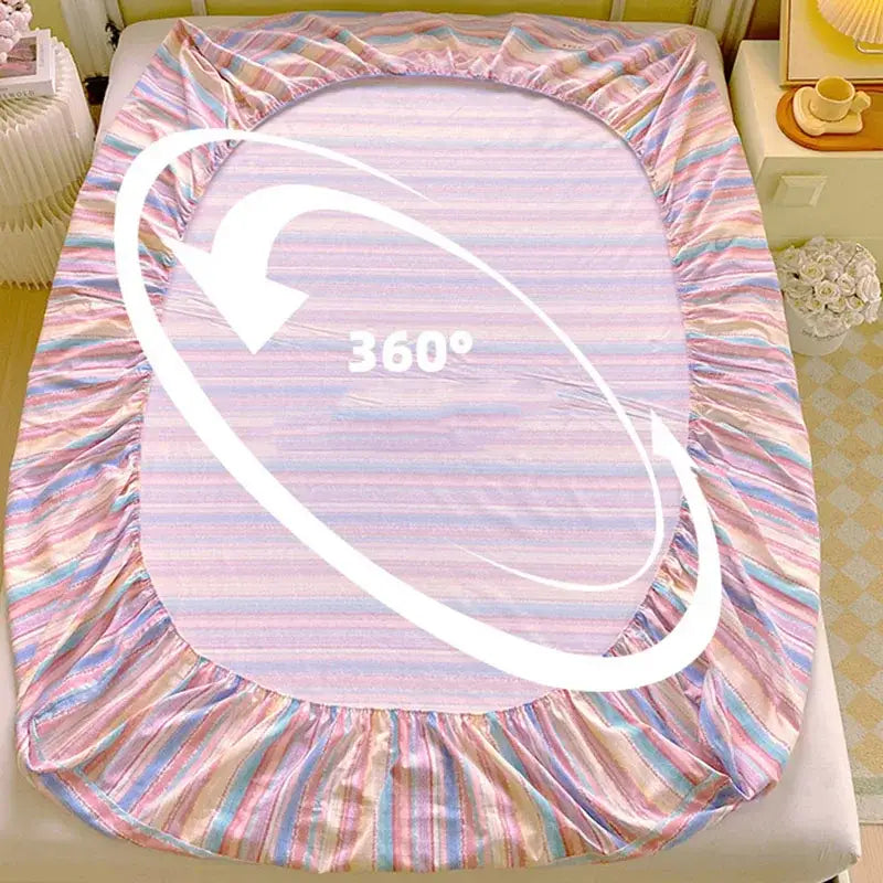 Pastel pink and blue decorbites cotton striped fitted sheet with pastel striped satin bed skirt and ruffled edges